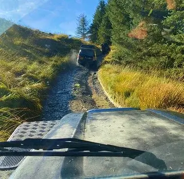 View over the bonnet of a 4x4 on a forest green lane